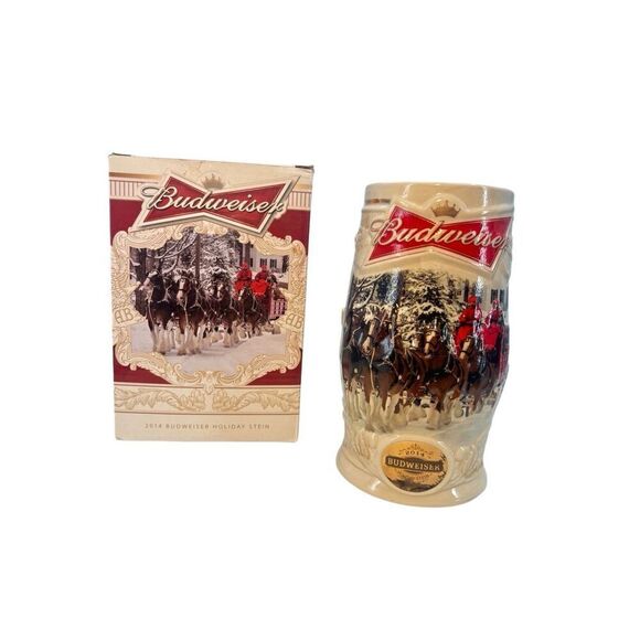 2014 Budweiser Holiday Stein with Original Box Clydesdale Horses Winter Scene - Picture 1 of 7